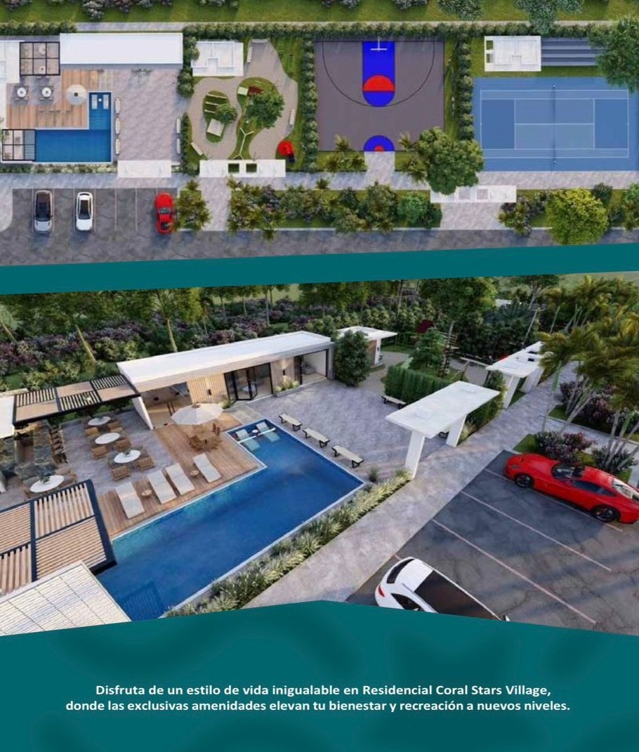 Vista aérea del residencial Coral Star Village con piscina, cancha de tenis y básquet